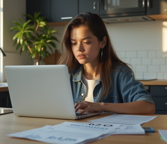 Jeune adulte regardant un ordinateur avec un score de crédit 640