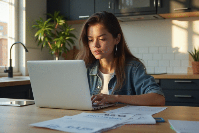 Jeune adulte regardant un ordinateur avec un score de crédit 640