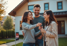 Jeune couple heureux recevant les clés de leur maison