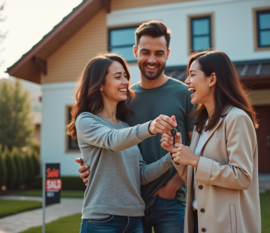 Jeune couple heureux recevant les clés de leur maison