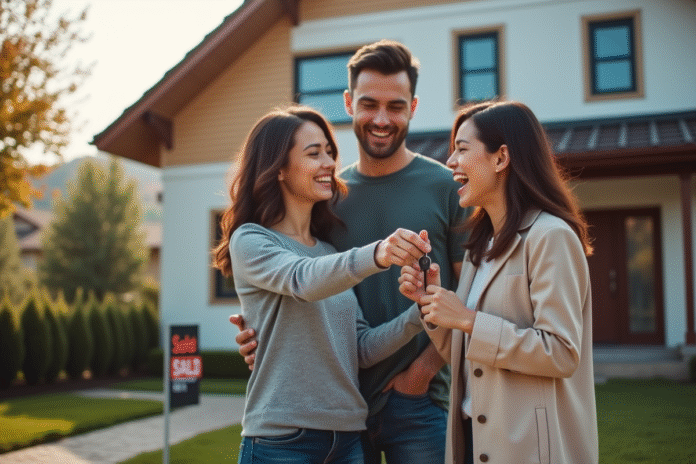 Jeune couple heureux recevant les clés de leur maison