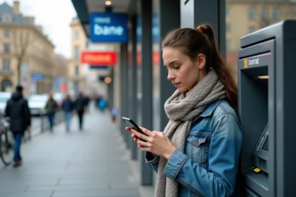 Jeune femme vérifiant son smartphone près d'un ATM en ville
