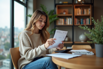 Jeune femme en intérieur consulte son relevé bancaire