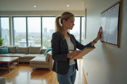 Jeune femme en blazer inspectant un salon moderne