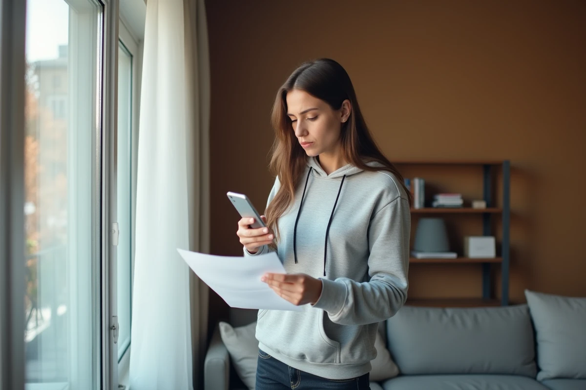 Jeune femme vérifiant les informations sur son téléphone avant de contacter le service client ECA Assurance avec son contrat en main