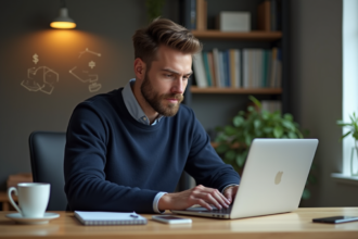 Jeune homme au bureau avec ordinateur et livres