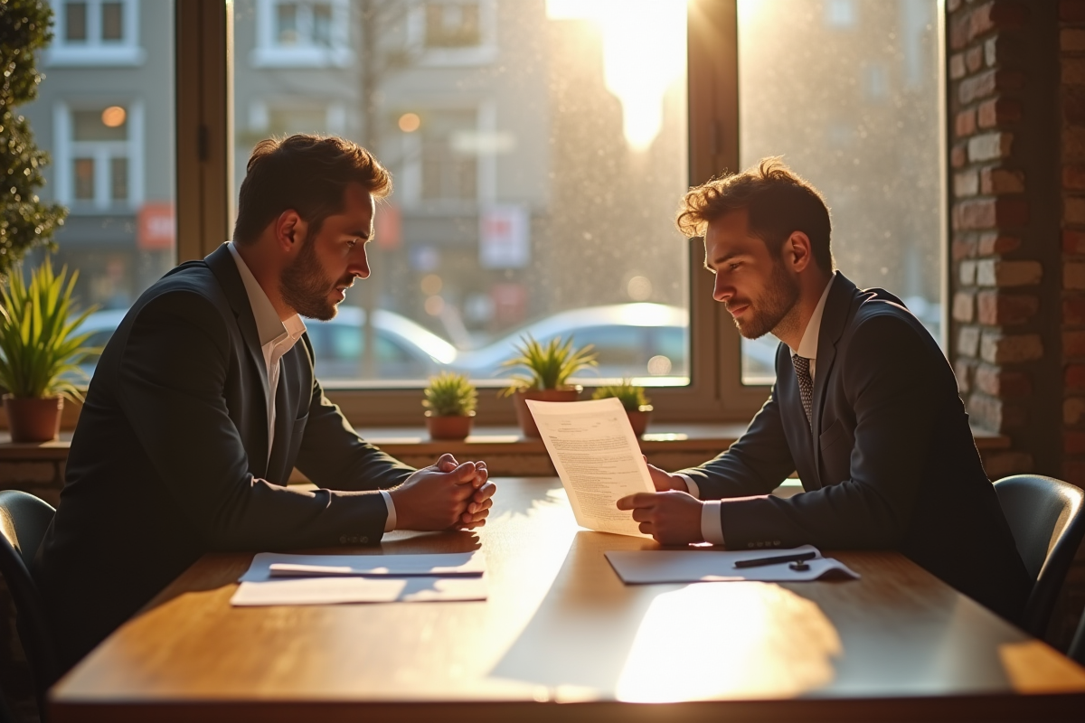 Jeune homme discutant avec un conseiller financier dans un café ensoleille
