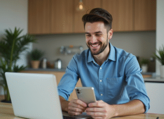 Récupérer ses cryptos en euros : conseils pratiques pour convertir Jeune homme en cuisine moderne utilisant son laptop et smartphone