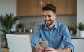 Jeune homme en cuisine moderne utilisant son laptop et smartphone