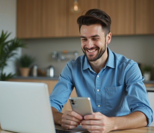 Jeune homme en cuisine moderne utilisant son laptop et smartphone