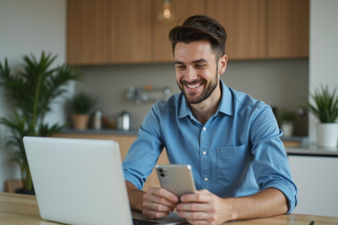 Jeune homme en cuisine moderne utilisant son laptop et smartphone