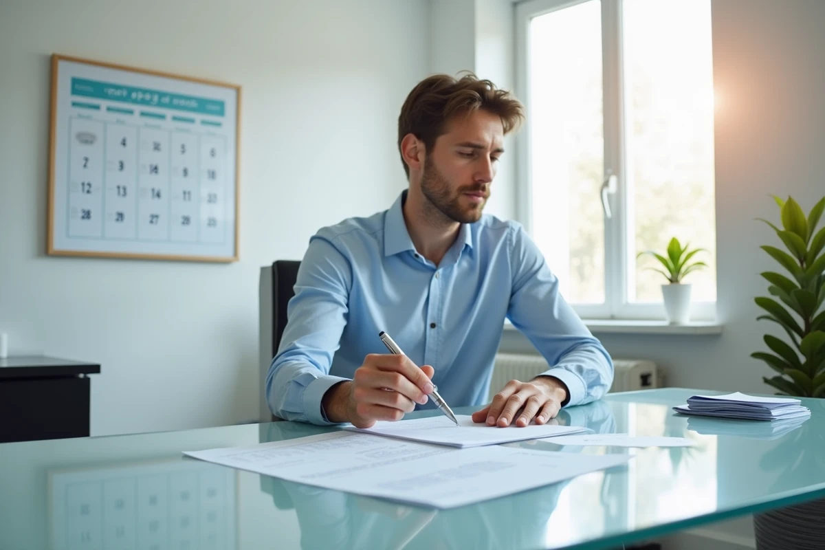 Jeune homme en bureau marquant dates sur calendrier
