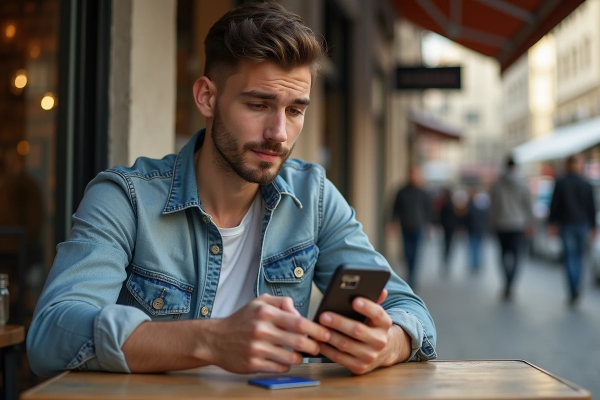 Jeune homme au café effectuant un paiement en ligne avec son smartphone