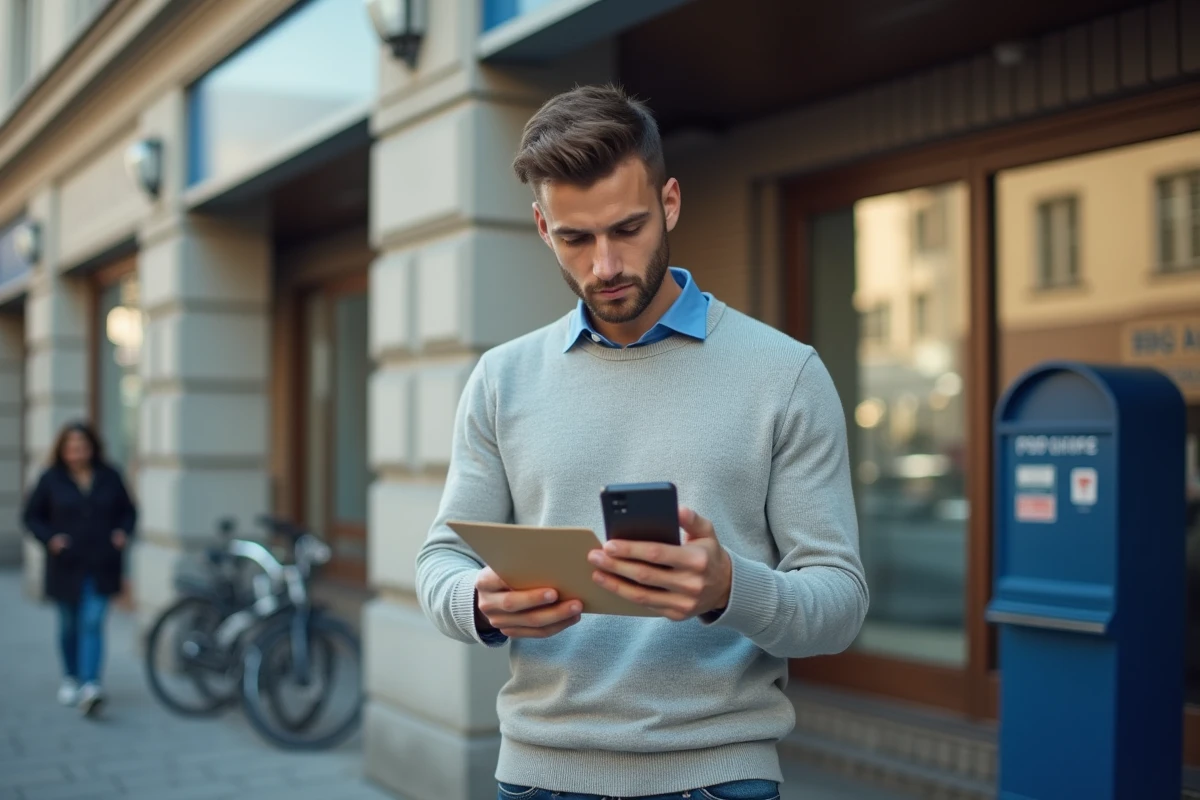 Jeune homme devant un bureau de poste avec une enveloppe