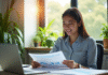Jeune professionnel souriant au bureau avec ordinateur et documents financiers