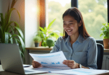 Jeune professionnel souriant au bureau avec ordinateur et documents financiers