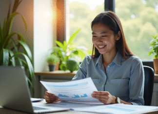 Jeune professionnel souriant au bureau avec ordinateur et documents financiers