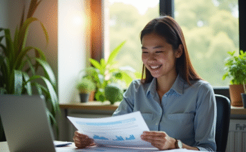 Montant prêt non garanti : obtenir facilement le financement souhaité Jeune professionnel souriant au bureau avec ordinateur et documents financiers