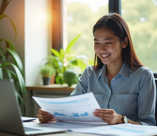 Jeune professionnel souriant au bureau avec ordinateur et documents financiers