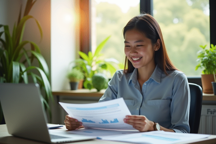 Jeune professionnel souriant au bureau avec ordinateur et documents financiers
