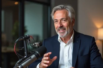 Journaliste économique masculin expliquant l'actualité devant un micro dans un studio de radio moderne et épuré