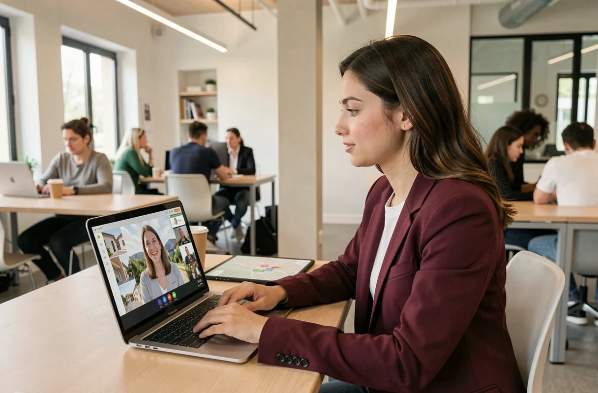 Coordinatrice de Konvenable mettant en relation des investisseurs avec des conseillers immobiliers en Occitanie depuis un espace de co-working moderne