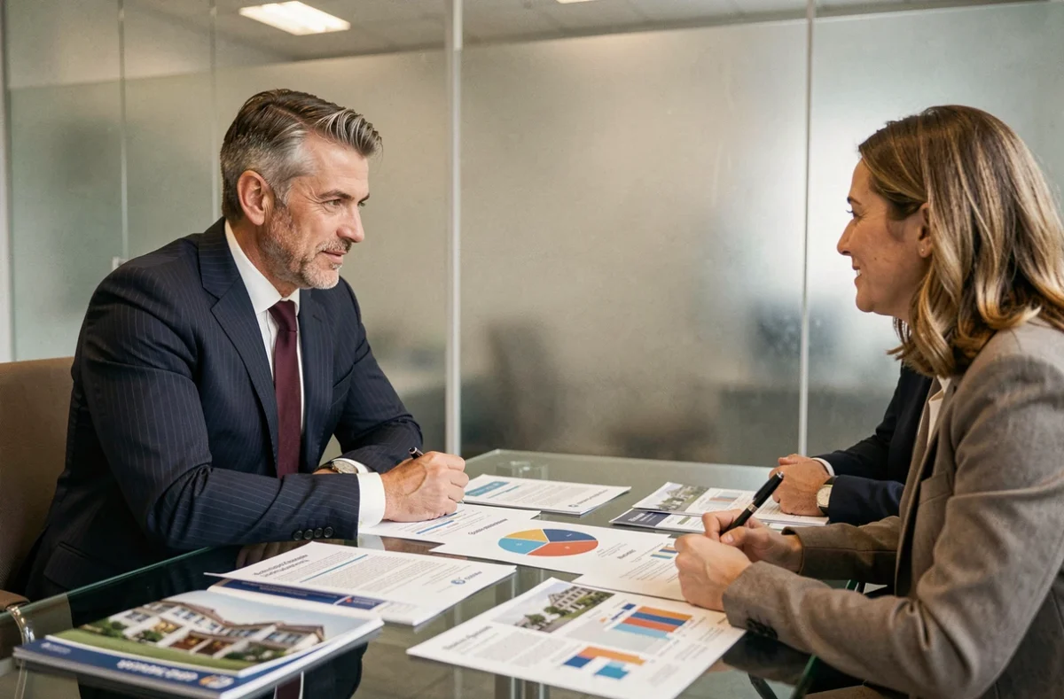 Conseiller en gestion de patrimoine de LCS Conseil discutant d'un plan d'investissement locatif avec des clients à Montpellier