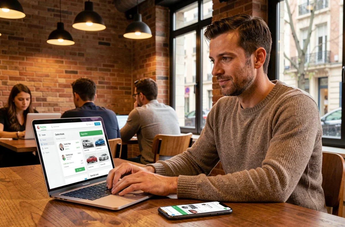 Un utilisateur accède à la plateforme digitale du Comparateur Assurance depuis un espace de coworking en région