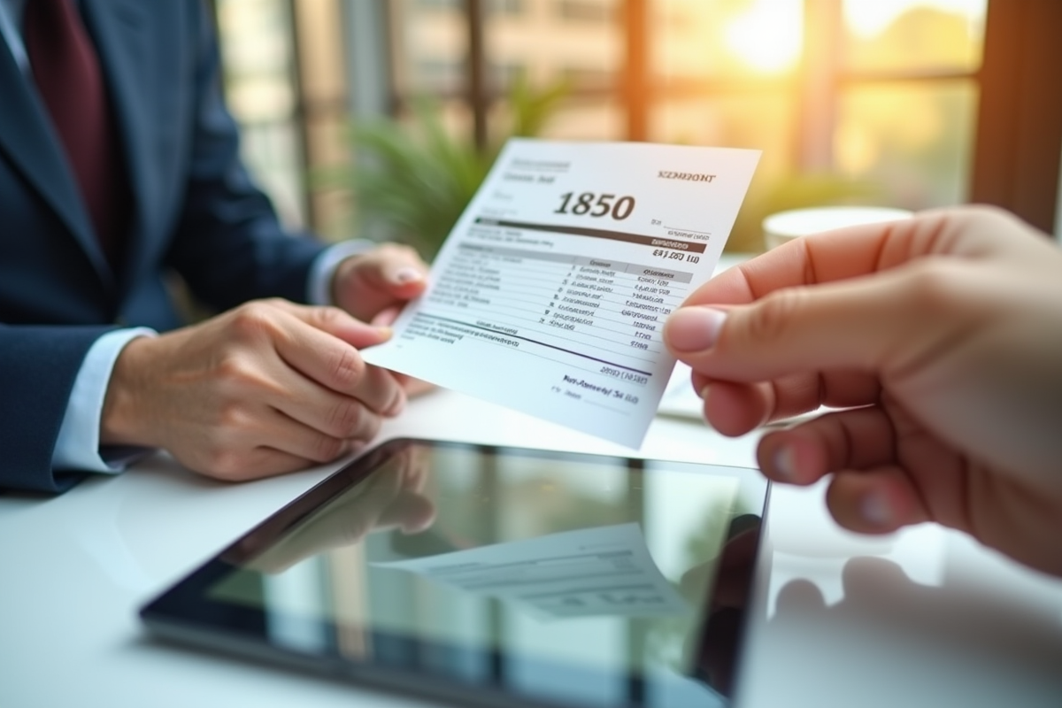 Mains tenant une fiche de salaire avec 1850 euros et tablette