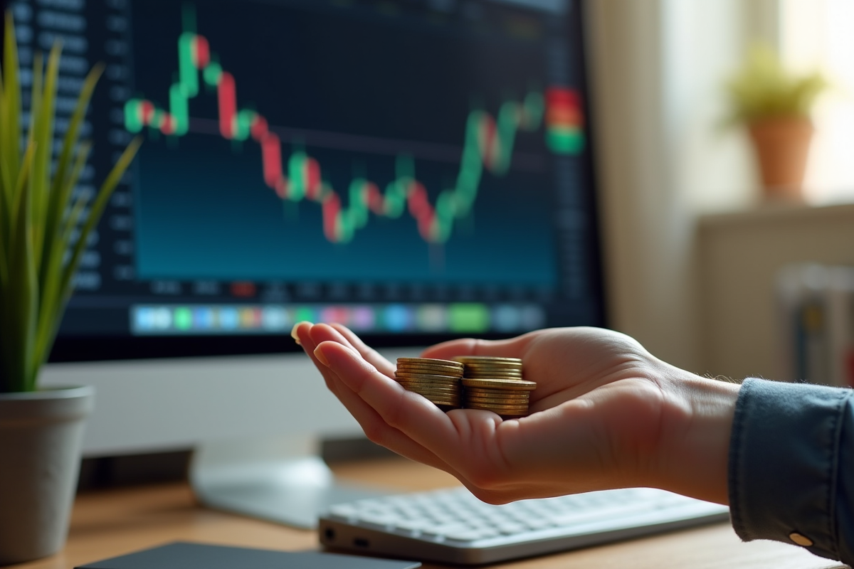 Main tenant des pièces d euro devant un écran de trading et section impots