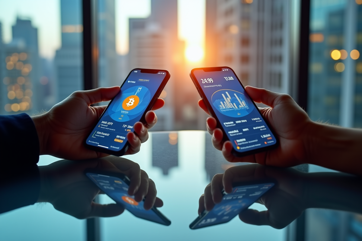 Deux mains tenant des smartphones affichant les prix des cryptos