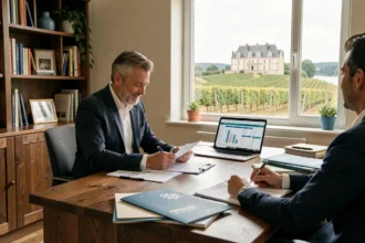 Un courtier en assurance auto en Centre-Val de Loire conseille un client dans un bureau professionnel avec vue sur la vallée de la Loire