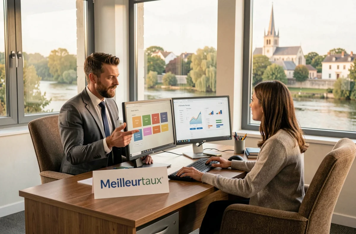 Conseiller Meilleurtaux à Tulle présentant une comparaison de taux immobiliers à un couple face à une fenêtre avec vue sur la Corrèze