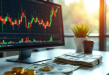 Ecran d'ordinateur avec graphiques de cryptomonnaies et bitcoins
