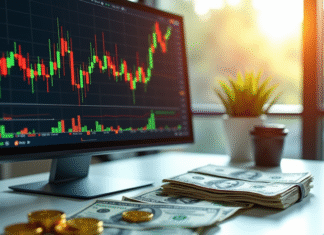 Ecran d'ordinateur avec graphiques de cryptomonnaies et bitcoins