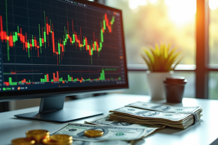 Ecran d'ordinateur avec graphiques de cryptomonnaies et bitcoins