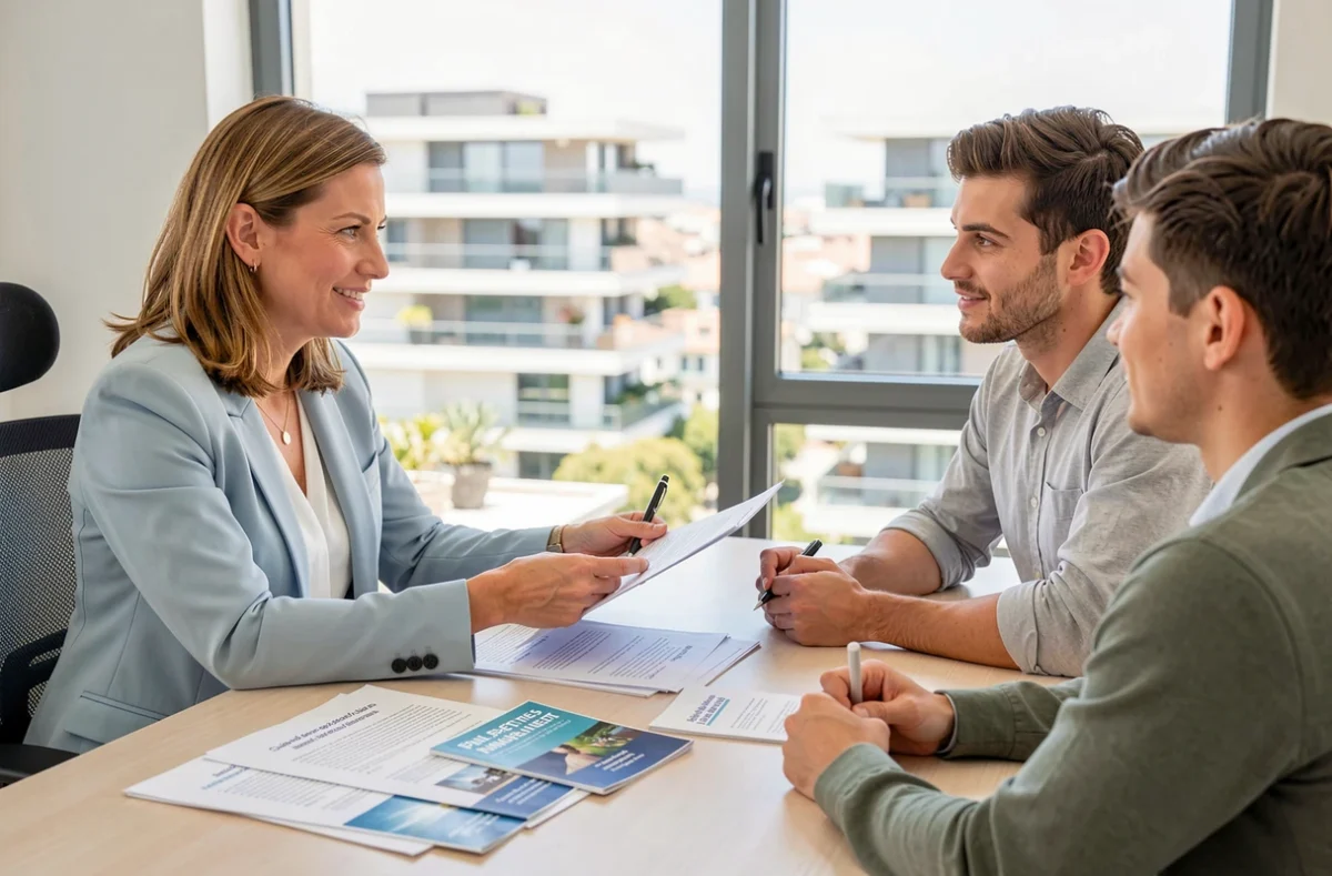 Conseillère de Montpellier IMMO9 expliquant les dispositifs fiscaux d'investissement immobilier neuf à des clients dans un bureau à Montpellier
