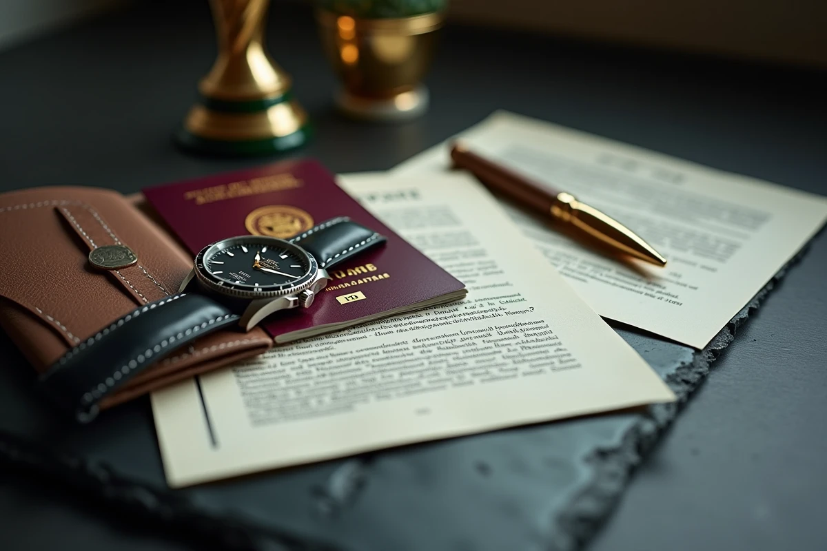 Nature morte symbolique avec passeport qatari, montre de luxe, documents financiers et trophée de football illustrant la fortune et les controverses autour de Nasser Al-Khelaïfi