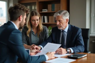 Notaire en costume avec un couple dans un bureau moderne
