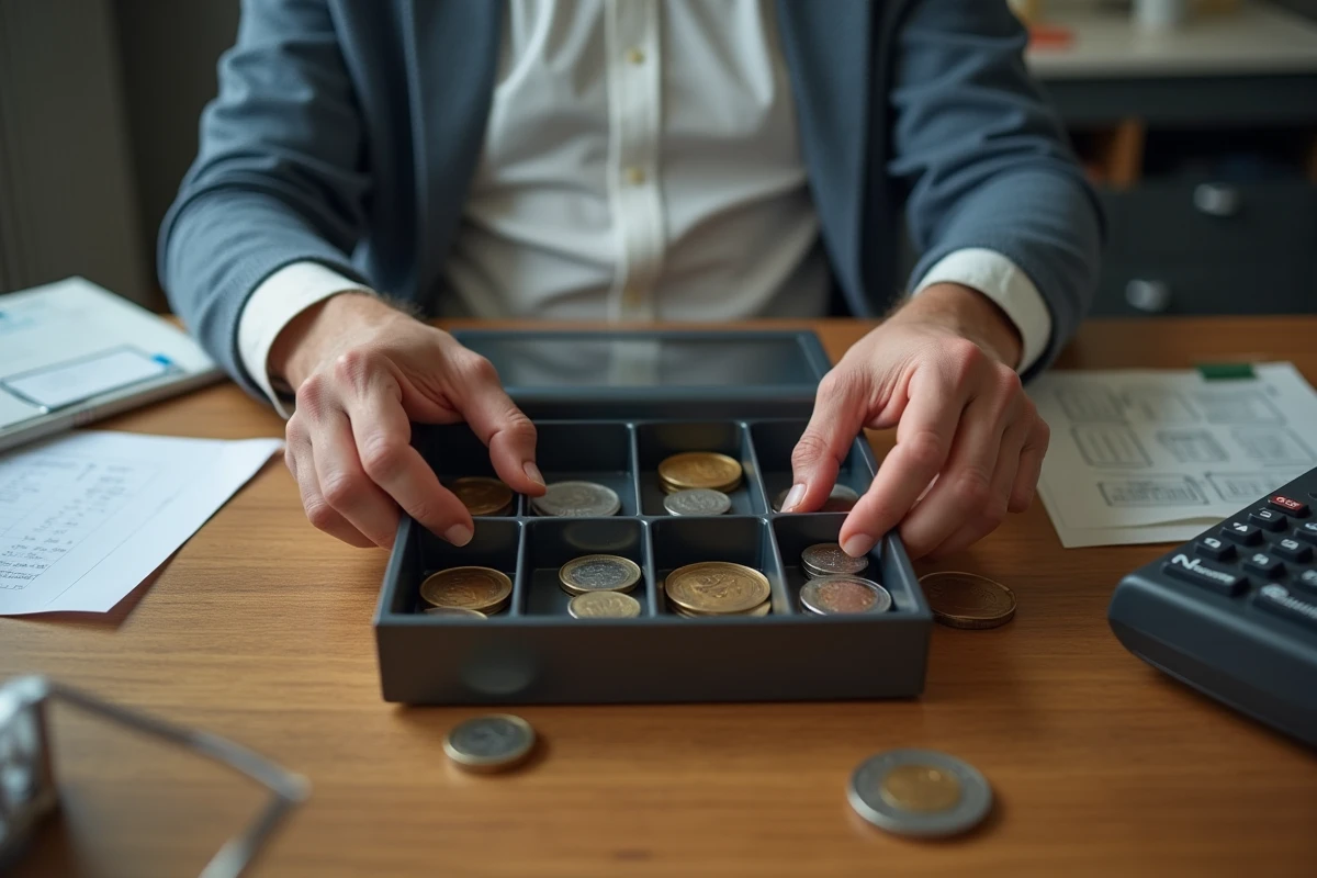 Mains d'un comptable organisant des pièces de monnaie dans un tiroir-caisse professionnel avec des reçus éparpillés