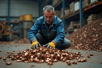 Ouvrier triant des pièces de bronze dans un centre de récupération de métaux