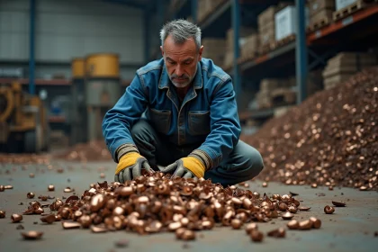 Ouvrier triant des pièces de bronze dans un centre de récupération de métaux