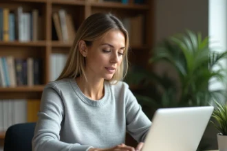 Femme effectuant un paiement en ligne sécurisé sur un ordinateur portable depuis son bureau à domicile