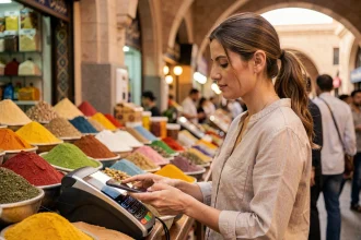 Femme utilisant un paiement sans contact par smartphone dans un souk de Dubaï en 2026