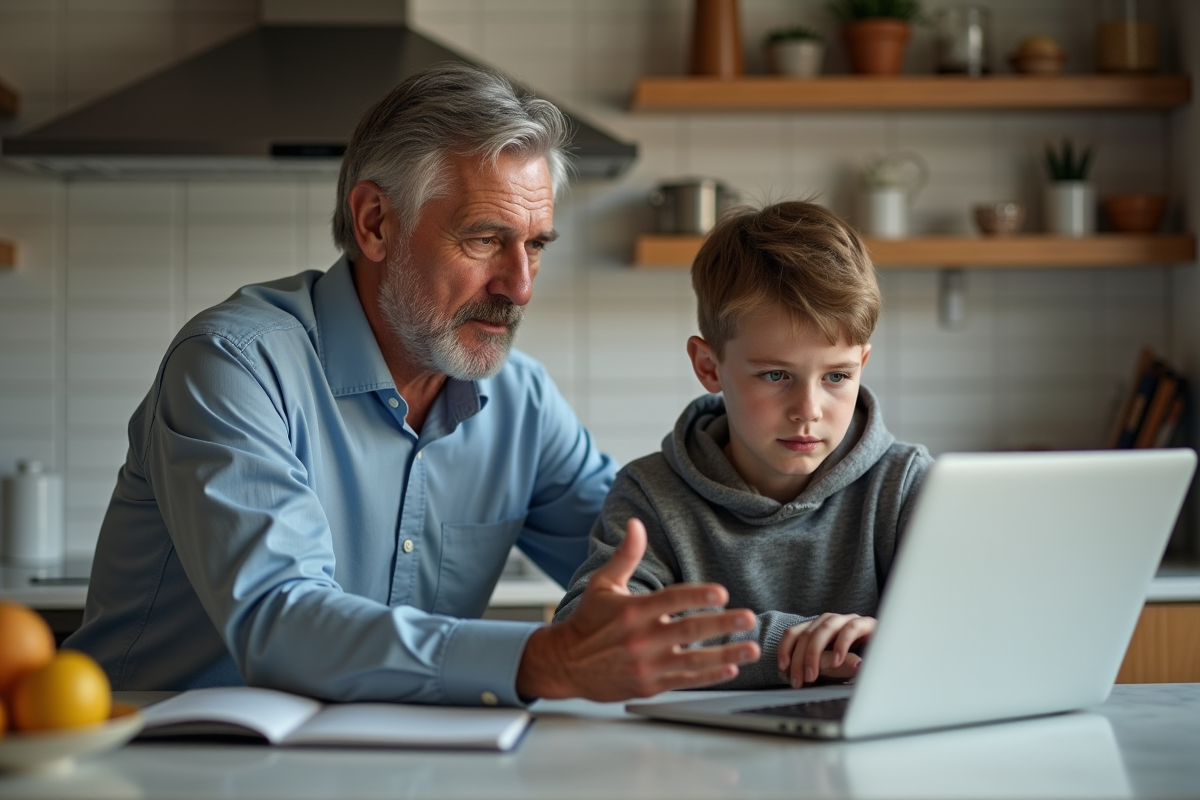 Père guide son fils adolescent sur une application bancaire