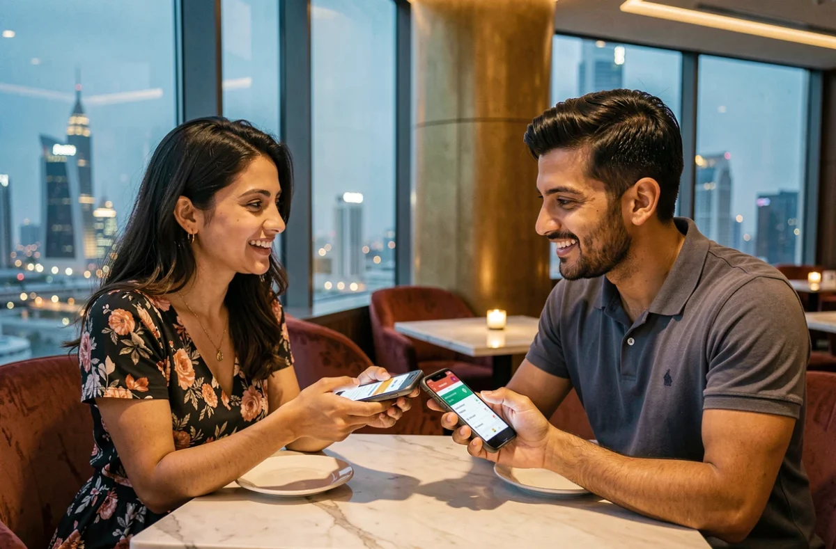 Deux amis partageant une addition via portefeuille numérique dans un restaurant moderne de Dubaï