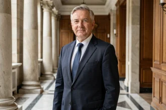 Homme politique français en costume sombre dans un couloir institutionnel, illustration du patrimoine et de la fortune d'un élu local