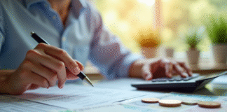 Personne calculant ses impots avec documents et calculatrice