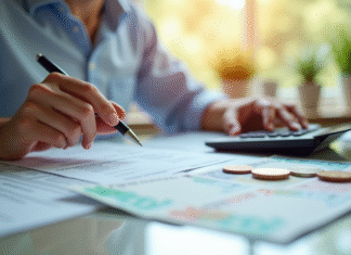 Personne calculant ses impots avec documents et calculatrice