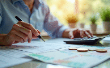 Personne calculant ses impots avec documents et calculatrice